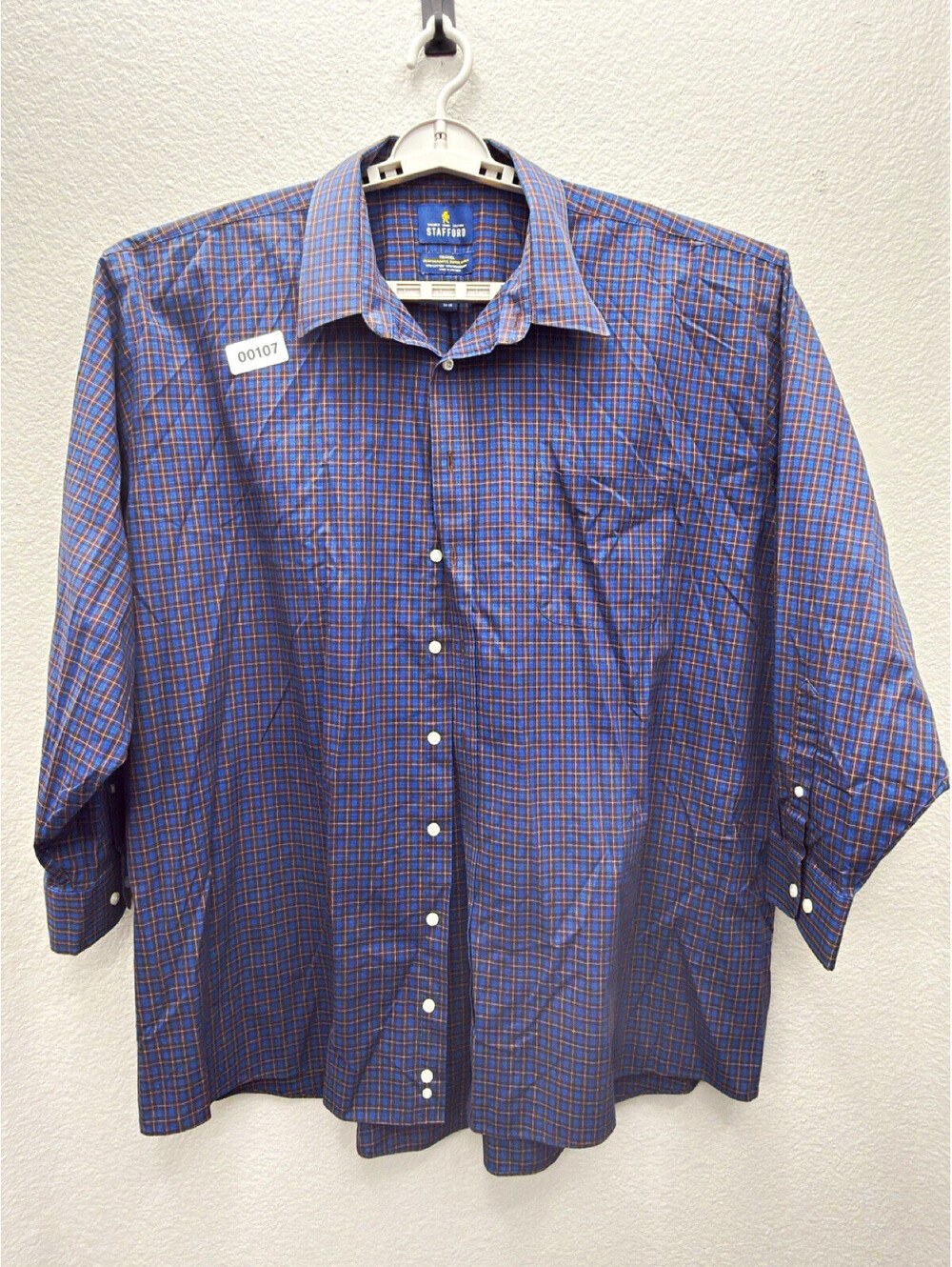 Stafford Performance Super Shirt Big Fit Blue/Brown Plaid Dress Shirt 19 34/35